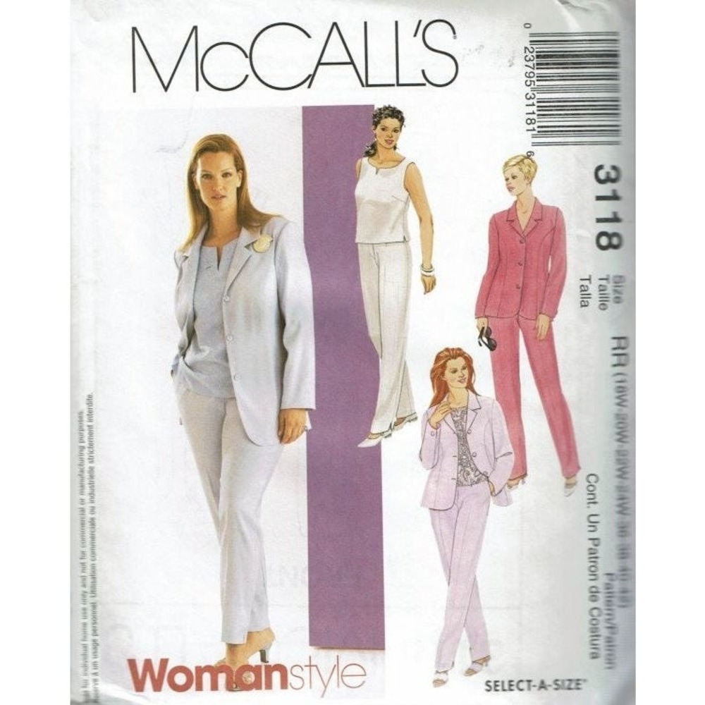 McCalls Sewing Pattern 3118 Womens Size 18W-24W Lined Jacket Top Pants Uncut FF
